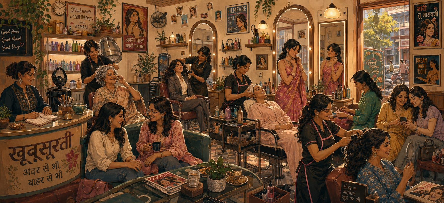 A bustling ladies’ parlour: friends chatting over chai, a woman getting a head massage, hairstyling and manicures around arched bulb-lit mirrors, retro Bollywood posters on the walls, an open door to an Indian street. The counter reads Khoobsurati (खूबसूरती) — beauty, from within and from without.